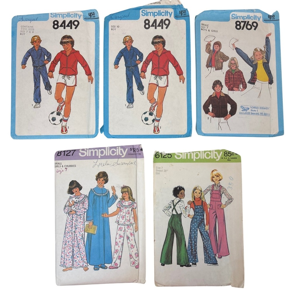 Vintage Simplicity Sewing Pattern Lot 8449 8769 8127 6125 Boys Girls 70s Retro